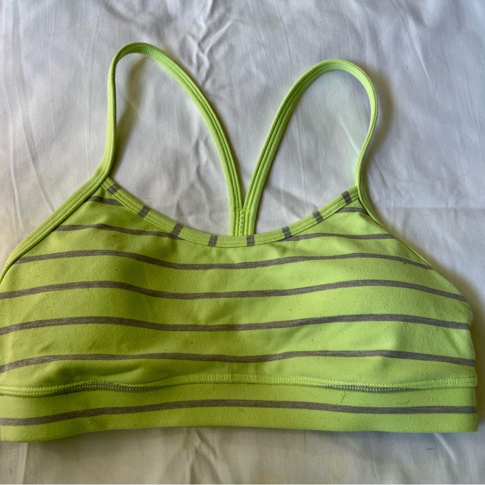 Lululemon  size 4 flow Y sport bra, fluorescent,  yellow with gray stripe